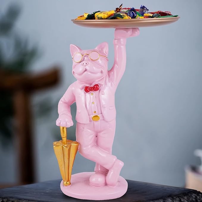 ZART Kitty Cat Serving Platter with Porcelain Figurines, Pink, Home Decor Statues - Image 1