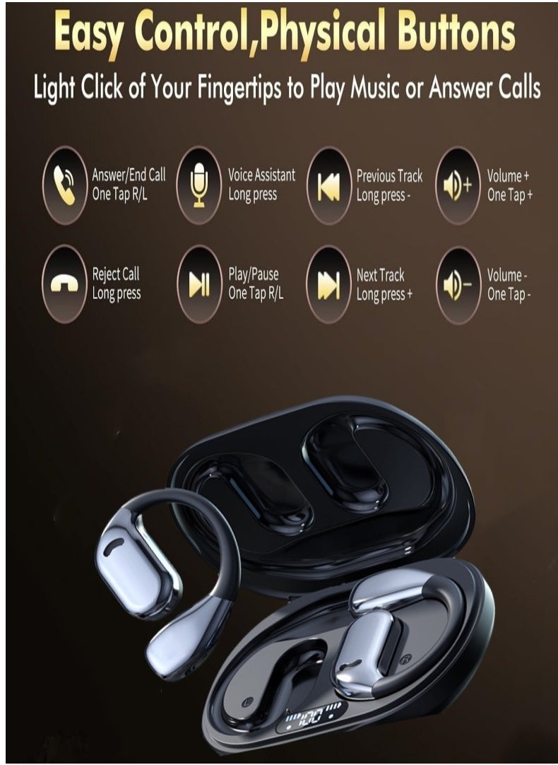 Open Ear Bluetooth 5.4 Earbuds, Bluetooth Wireless Headphones ，Ultra-Comfort,Lightweight Design,Intelligent Adjustment，Noise-Canceling Mic Earphones .With LED DisplayOver-Ear Built-in Microphone with Earhook.,HiFi Sound，Clear Calls， Waterproof Headset for Workout/Running.Black  - Image 4