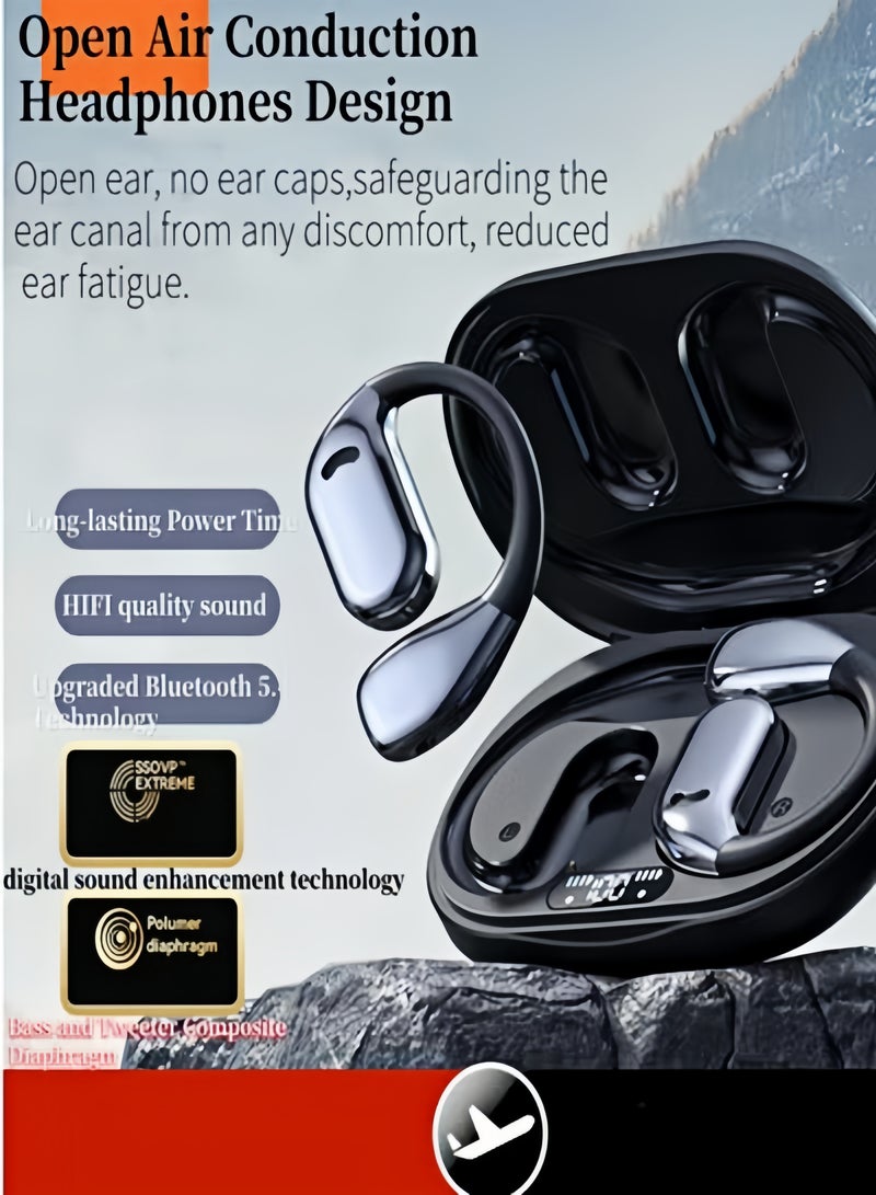 Open Ear Bluetooth 5.49 Earbuds, Bluetooth Wireless Headphones ，Ultra-Comfort,Lightweight Design,Intelligent Adjustment，Noise-Canceling Mic Earphones .With LED DisplayOver-Ear Built-in Microphone with Earhook.,HiFi Sound，Clear Calls， Waterproof Headset for Workout/Running.Black - Image 2