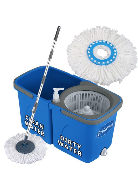 Primeway PP SS Twin Bucket Rotating Spin Mop with Water Outlet Liquid Dispenser and 2 Microfiber Mop Heads 6 LTR