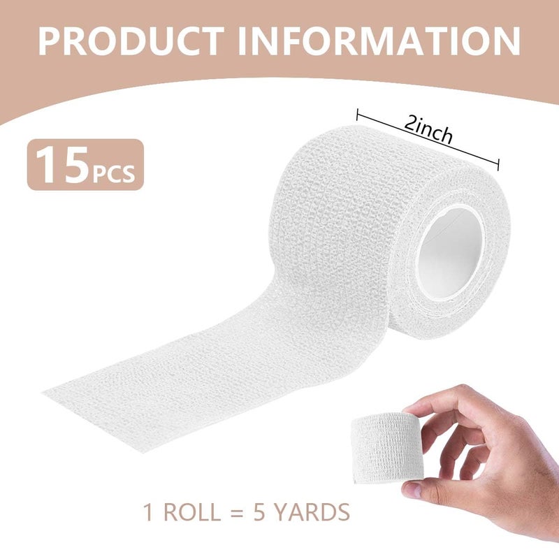 KISEER 15 Pack 2 Inch x 5 Yards White Self Adhesive Bandage Breathable Cohesive Bandage Wrap Rolls Elastic Self-Adherent Tape for Stretch Athletic, Sports, Wrist, Ankle - Image 2