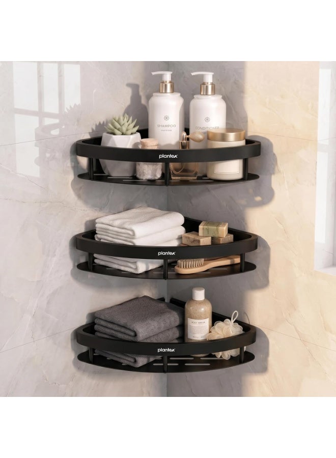 Plantex Self Adhesive Corner Shelf for Bathroom Wall/Aluminium & Stainless Steel Corner Shelf/Storage Organizer/Bathroom Accessories Set- Pack of 3 (8 x 8 inch, Black) - Image 1
