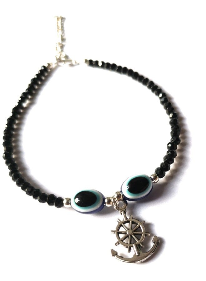 Jyokrish Handmade white Metal black Beads hanging Anchor wheel evil eye chain anklet For Women | girls | Nazariya |Anklet |Payal | Nazar Battu | single leg |free size - Image 1