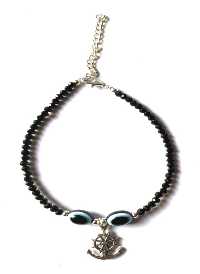 Jyokrish Handmade white Metal black Beads hanging Anchor wheel evil eye chain anklet For Women | girls | Nazariya |Anklet |Payal | Nazar Battu | single leg |free size - Image 2