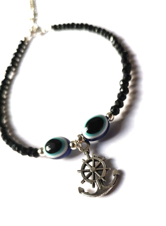 Jyokrish Handmade white Metal black Beads hanging Anchor wheel evil eye chain anklet For Women | girls | Nazariya |Anklet |Payal | Nazar Battu | single leg |free size - Image 5