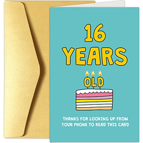 Chenive Funny Happy 16th Birthday Card for Boy Girl, Humorous 16 Years Old Birthday Card, Thanks For Looking Up From Your Phone To Read This Card - Image 1