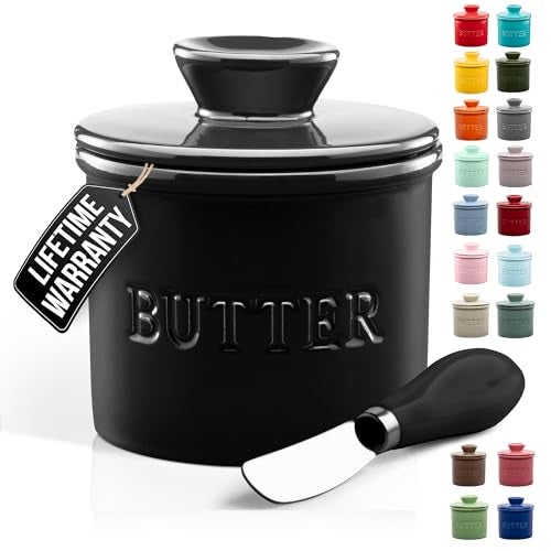 Zulay Kitchen Butter Crock With Lid & Spreader Knife for Countertop - Ceramic French Butter Dish Keeper For Fresh & Spreadable Butter - White - Image 1