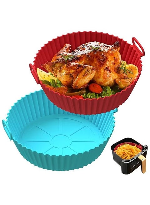2 Pcs Air Fryer Silicone Liner Non Stick Reusable, for 3 to 5 QT, Basket Bowl, Replacement of Flammable Parchment Paper, Reusable Baking Tray Oven Accessories(Red and Blue)