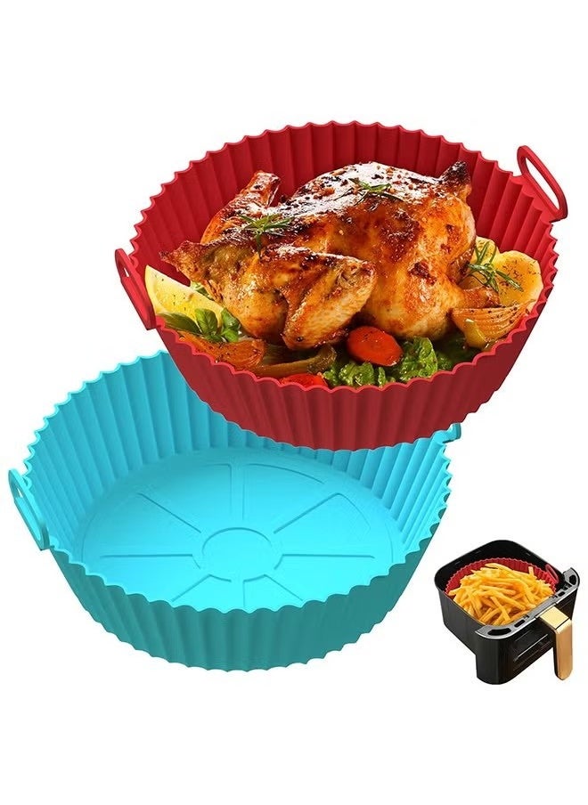 2 Pcs Air Fryer Silicone Liner Non Stick Reusable, for 3 to 5 QT, Basket Bowl, Replacement of Flammable Parchment Paper, Reusable Baking Tray Oven Accessories(Red and Blue)