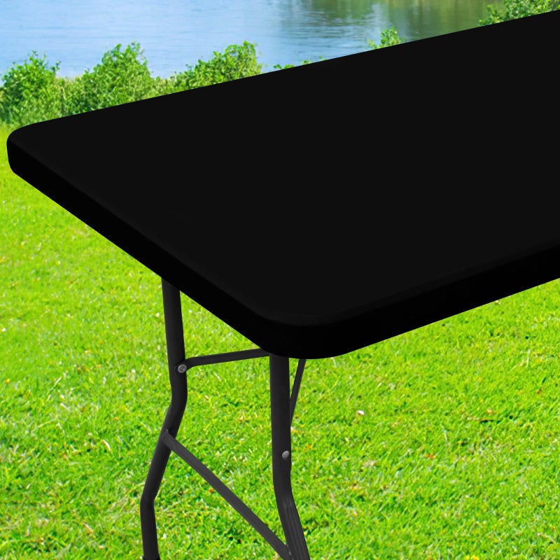 Moosfor Spandex 6 Foot Rectangle Table Cloth Elastic Fitted Tablecloths for Picnic Stretch Washable Patio Table Cover for Outdoor Camping Banquet and Parties Black 30x72