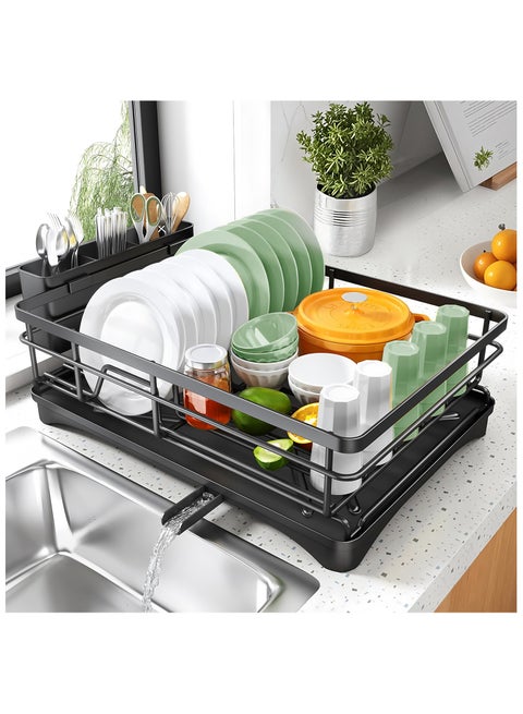 Dish Drying Rack - Stainless Steel Dish Rack for Kitchen Counter, Large-Capacity Dish Drainer with Cutlery Holder, Kitchen Organizer for Dishes, Spoons and Forks, Black