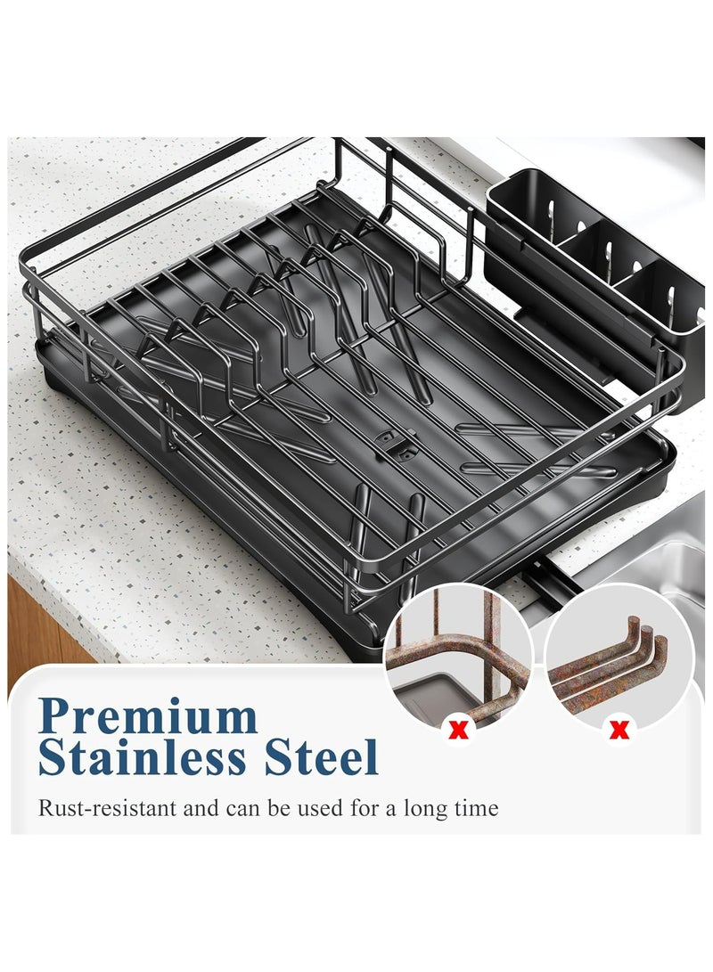 Dish Drying Rack - Stainless Steel Dish Rack for Kitchen Counter, Large-Capacity Dish Drainer with Cutlery Holder, Kitchen Organizer for Dishes, Spoons and Forks, Black