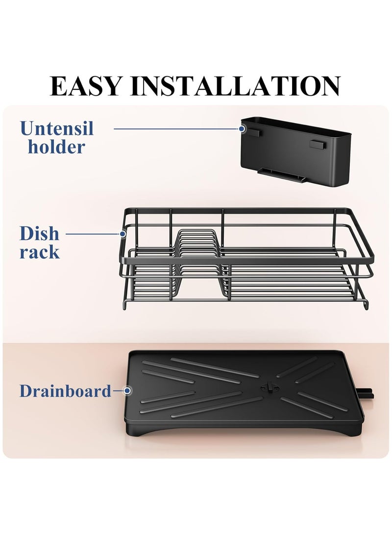 Dish Drying Rack - Stainless Steel Dish Rack for Kitchen Counter, Large-Capacity Dish Drainer with Cutlery Holder, Kitchen Organizer for Dishes, Spoons and Forks, Black