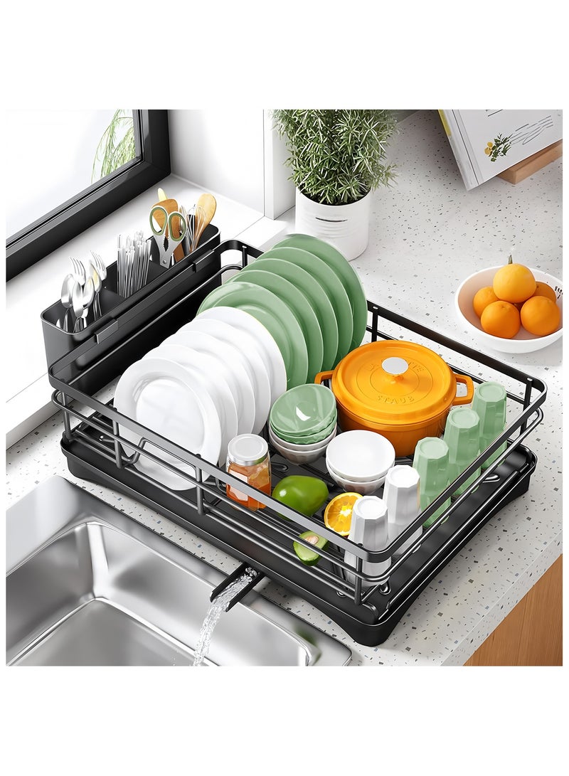 Dish Drying Rack - Stainless Steel Dish Rack for Kitchen Counter, Large-Capacity Dish Drainer with Cutlery Holder, Kitchen Organizer for Dishes, Spoons and Forks, Black