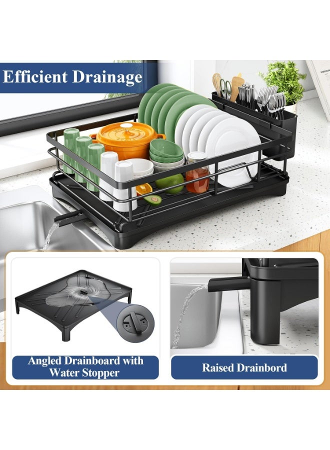 زيمنست رف تجفيف الأطباق - رف أطباق من الفولاذ المقاوم للصدأ لكاونتر المطبخ، حامل أطباق ذو سعة كبيرة مع حامل أدوات المائدة، منظم المطبخ للأطباق، الملاعق والشوك، أسود. - Image 4
