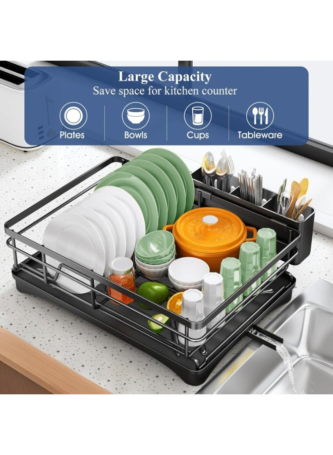 زيمنست رف تجفيف الأطباق - رف أطباق من الفولاذ المقاوم للصدأ لكاونتر المطبخ، حامل أطباق ذو سعة كبيرة مع حامل أدوات المائدة، منظم المطبخ للأطباق، الملاعق والشوك، أسود. - Image 2