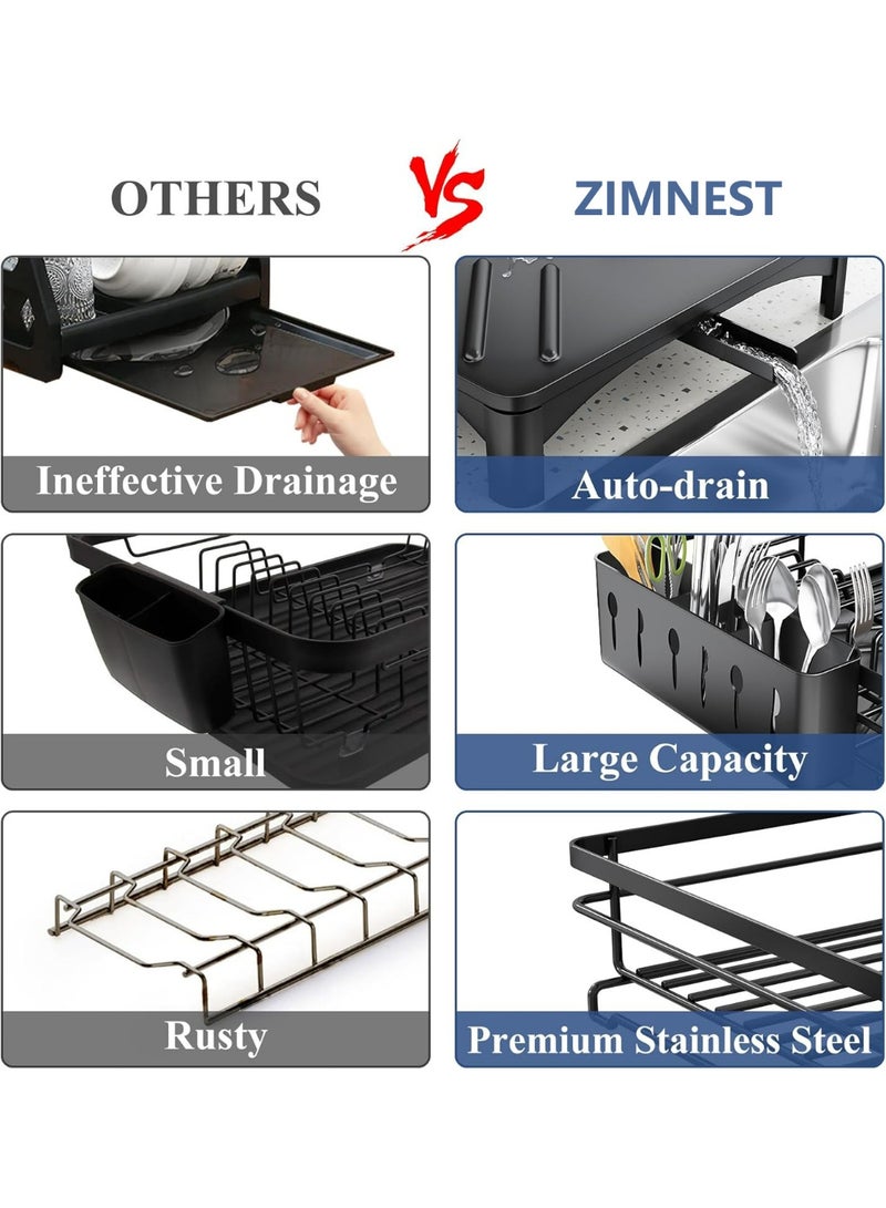 زيمنست رف تجفيف الأطباق - رف أطباق من الفولاذ المقاوم للصدأ لكاونتر المطبخ، حامل أطباق ذو سعة كبيرة مع حامل أدوات المائدة، منظم المطبخ للأطباق، الملاعق والشوك، أسود. - Image 3