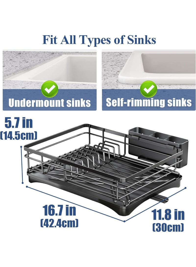 زيمنست رف تجفيف الأطباق - رف أطباق من الفولاذ المقاوم للصدأ لكاونتر المطبخ، حامل أطباق ذو سعة كبيرة مع حامل أدوات المائدة، منظم المطبخ للأطباق، الملاعق والشوك، أسود. - Image 5