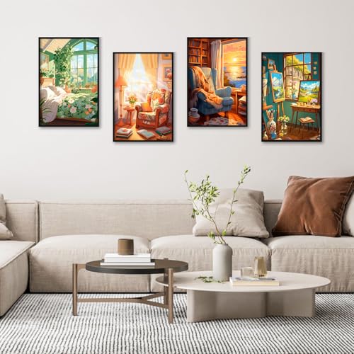 Camocin 4 Pack Framed Paint by Numbers Kit for Adults with Wooden Easel, Landscape Paint by Numbers with Frame for Beginner, Window Adult Paints by Number Kits on Canvas Framed 8 x 12 Inch - Image 2