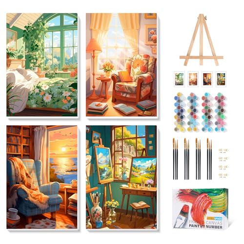Camocin 4 Pack Framed Paint by Numbers Kit for Adults with Wooden Easel, Landscape Paint by Numbers with Frame for Beginner, Window Adult Paints by Number Kits on Canvas Framed 8 x 12 Inch - Image 1