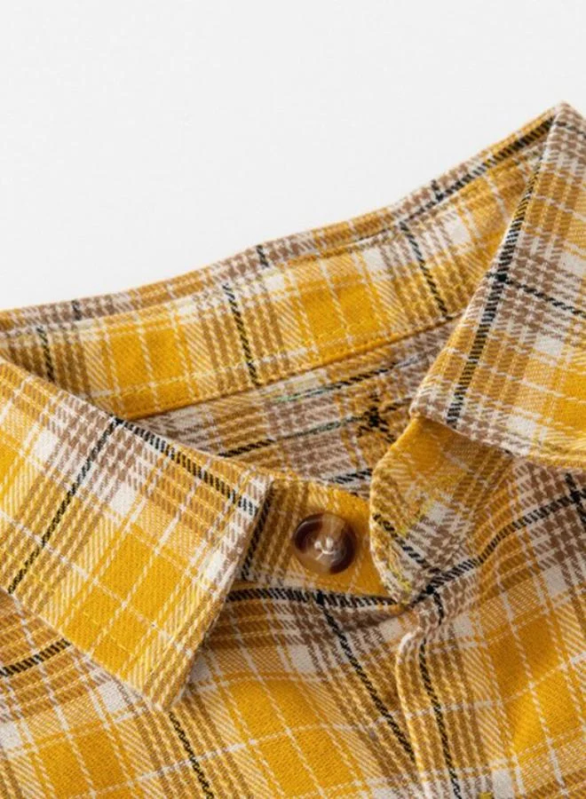 YUNIQEE Orange Collared Long Sleeve Checkered Shirt