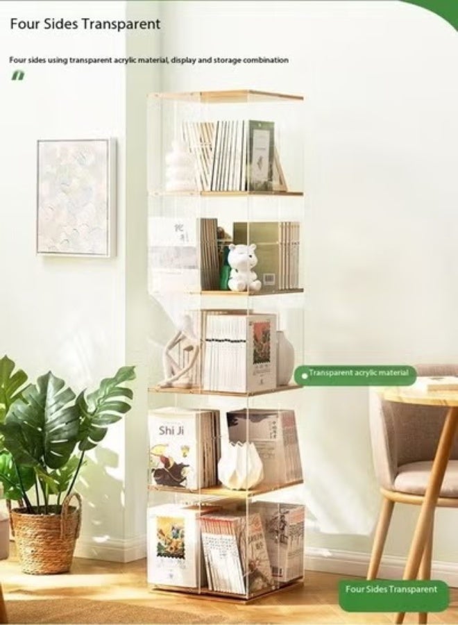 فاشون هوم 6 طبقات متعددة الوظائف 360 درجة قابلة للتدوير الطابق الدائمة خزانة الكتب المنقولة شفافة الاكريليك رف تخزين الخشب الصلب مع عجلات عرض موقف لغرفة المعيشة غرفة الدراسة غرفة الدراسة مكتب منزلي 40x40x165 سم - Image 4