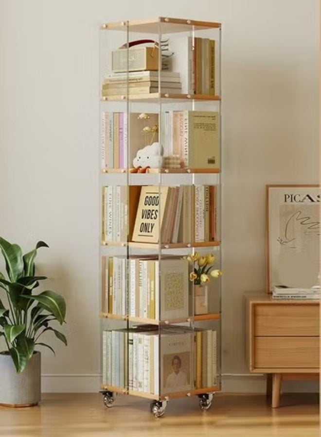 فاشون هوم 6 طبقات متعددة الوظائف 360 درجة قابلة للتدوير الطابق الدائمة خزانة الكتب المنقولة شفافة الاكريليك رف تخزين الخشب الصلب مع عجلات عرض موقف لغرفة المعيشة غرفة الدراسة غرفة الدراسة مكتب منزلي 40x40x165 سم - Image 5