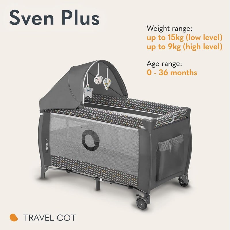 Lionelo Sven Plus 2in1 Travel Cot and Portable for newborns 0-36 Months Foldable with 2-level Heights, Changing Table, Mattress, Side Entrance Mesh Walls Mosquito Net Canopy Wheels Organiser - Image 2