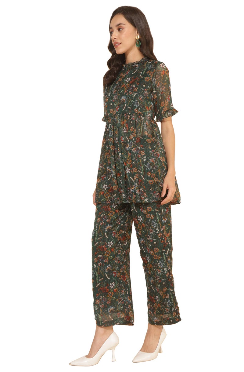Janasya Women's Green Chiffon Lurex Floral Printed Co-ord Set(SET912-CO-ORD-S) - Image 3
