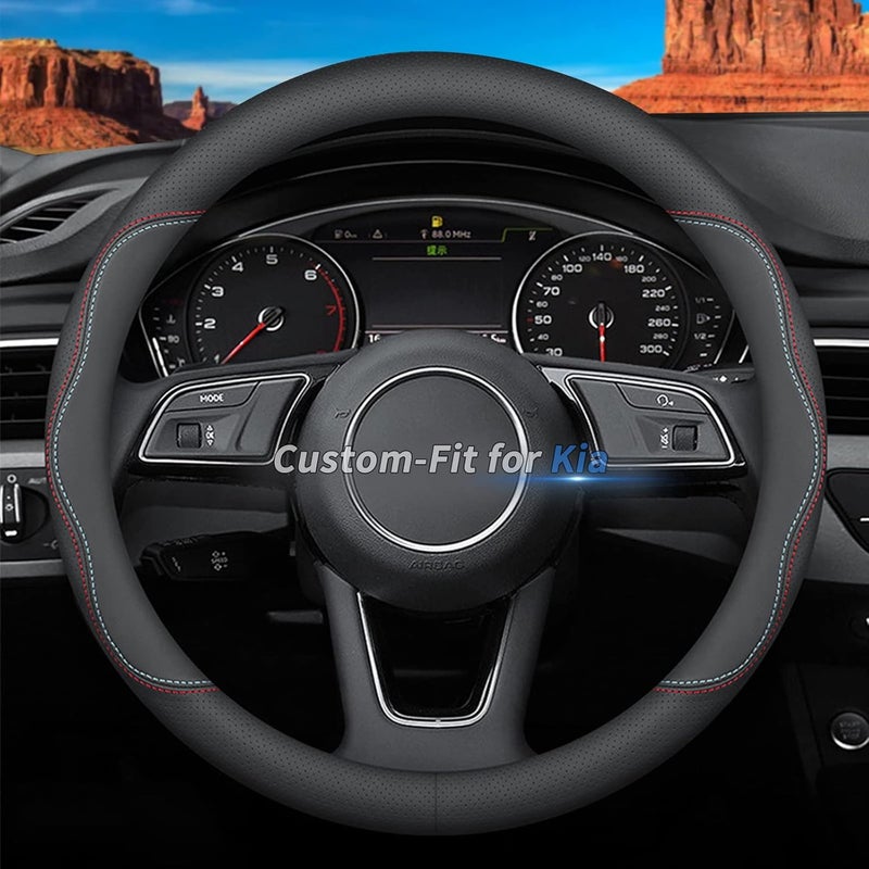 Deer Route Custom-Fit Premium Leather Steering Wheel Cover for Kia, Non-Slip, Breathable, With Logo (A-Style) - Image 1