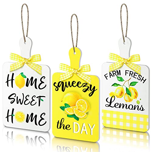 Yookeer 3 Pieces Wooden Hanging Signs Wall Decor Farmhouse Wood Hanging Signs for Home KitchenLemon