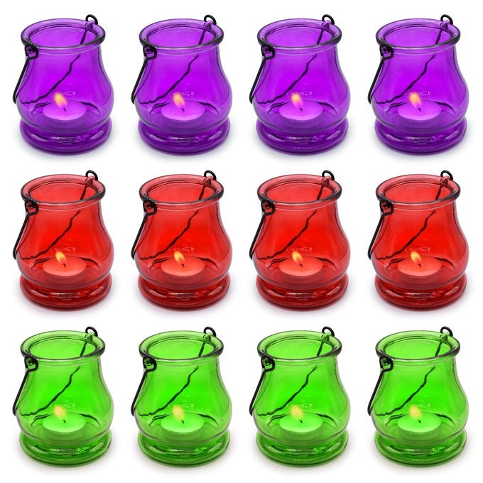 HANGING TEALIGHT HOLDERS 12 PACK COLOURED CANDLE HOLDERS GLASS PERFECT FOR INDOOR AND OUTDOOR AMBIANCE AESTHETIC GLASS TEA LIGHT CANDLE HOLDERS FOR STYLISH HANGING DECORATIONS