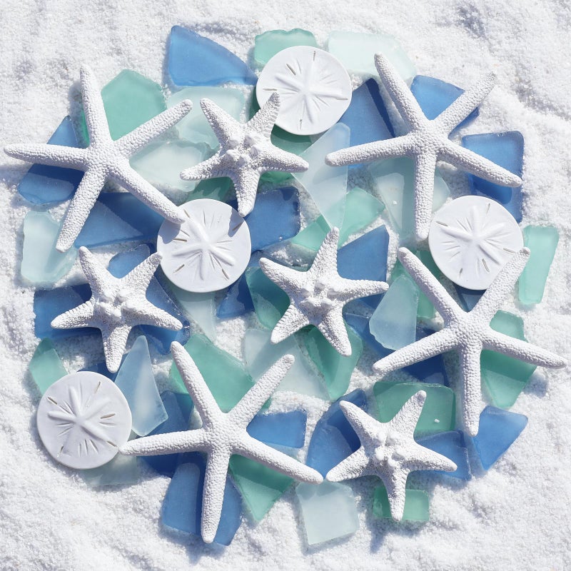 Qygl 12 Resin Starfish & 10Oz Sea Glass Decor - Frosted Seaglass Pieces & Starfish Sand Dollar For Diy Crafts  Beach Weddings  Vase Filler  And Home Decor Ornaments (Blue  Aqua Green  White) - Image 1