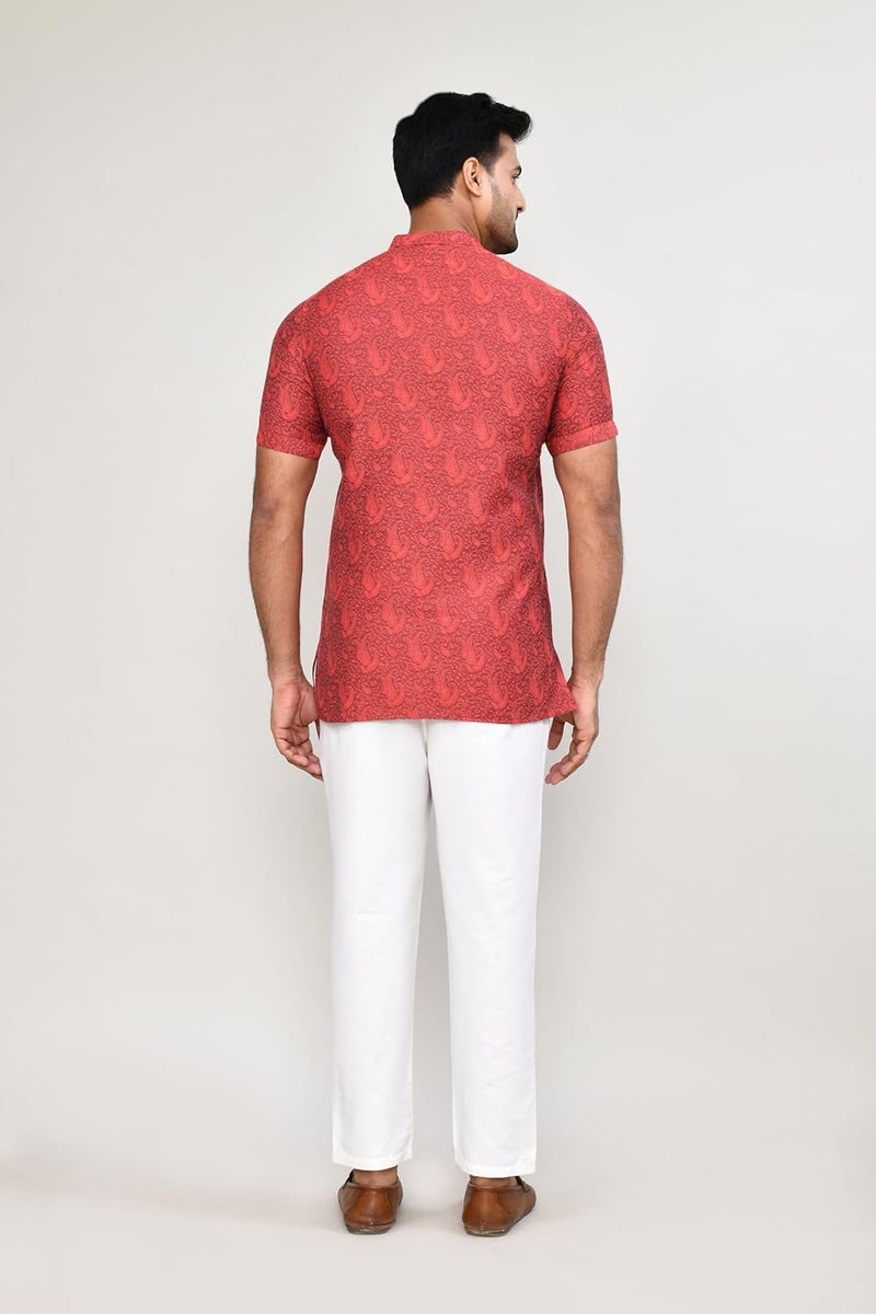 Polyfab Hathkargha Men’s Short Sleeve Kurta with All-Over Paisley Print, Mandarin Collar & Button Placket - Image 2