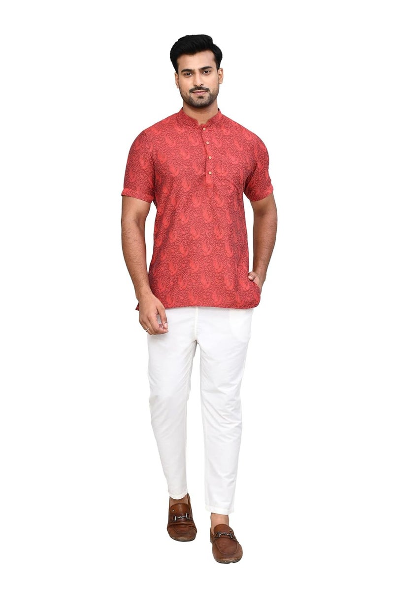 Polyfab Hathkargha Men’s Short Sleeve Kurta with All-Over Paisley Print, Mandarin Collar & Button Placket - Image 1