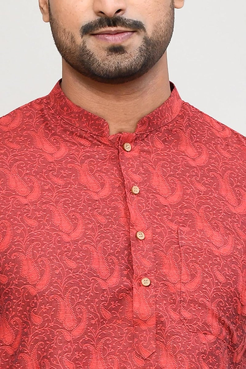 Polyfab Hathkargha Men’s Short Sleeve Kurta with All-Over Paisley Print, Mandarin Collar & Button Placket - Image 5