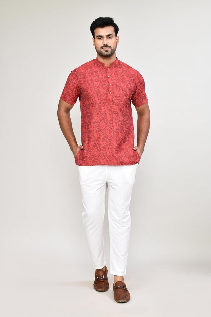 Polyfab Hathkargha Men’s Short Sleeve Kurta with All-Over Paisley Print, Mandarin Collar & Button Placket - Image 4