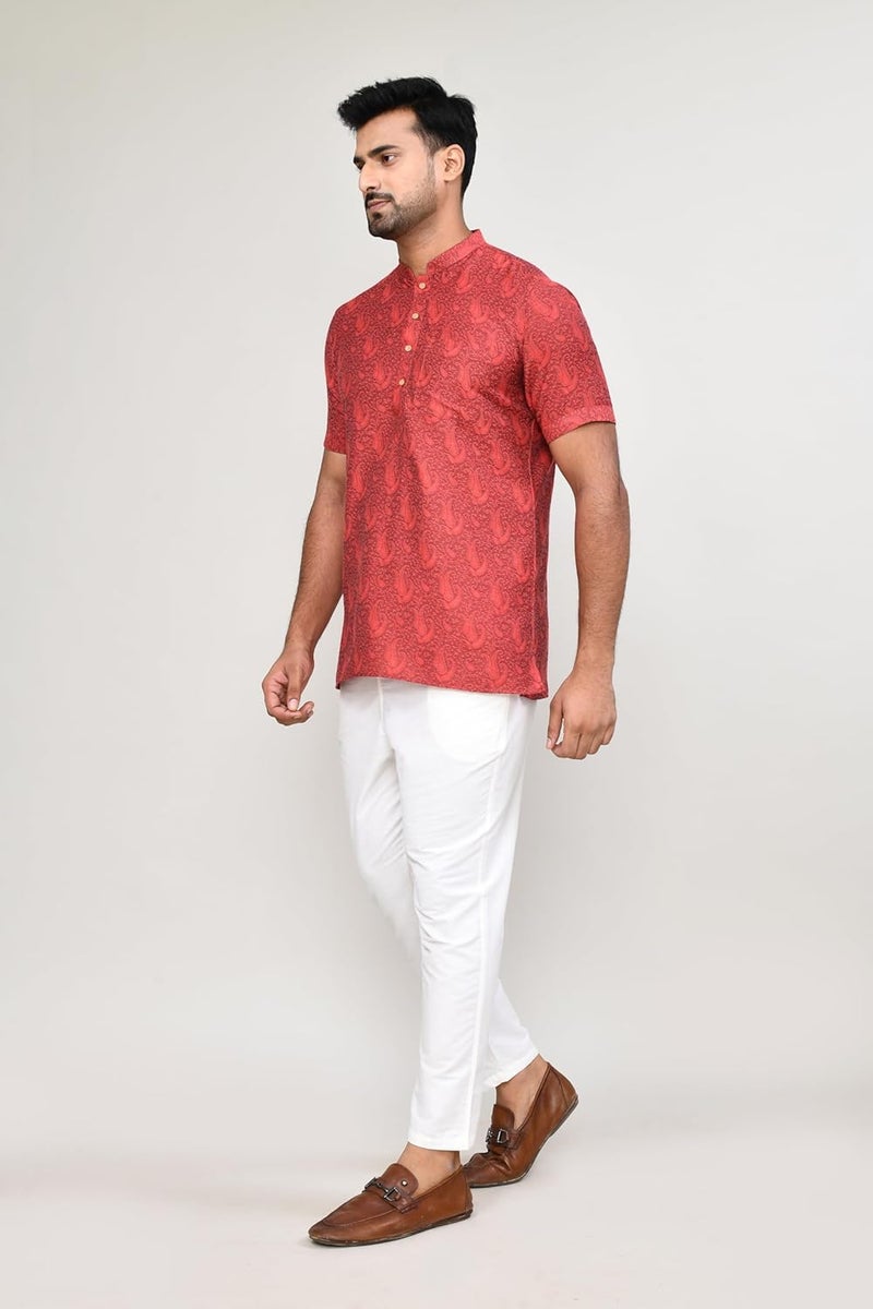 Polyfab Hathkargha Men’s Short Sleeve Kurta with All-Over Paisley Print, Mandarin Collar & Button Placket - Image 3