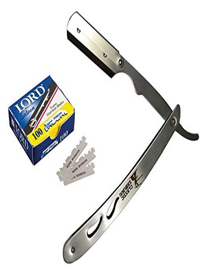 Classic Samurai CS-102 Stainless Steel Professional Barber Straight Edge Razor with 100 Lord Single Edge Razor Blades (Silver Metal) - Image 1