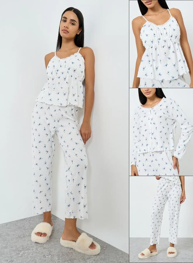 ستايلي طقم بيجاما من 3 بنطال وبلوزة مع بلوزة كامي بدانتيل