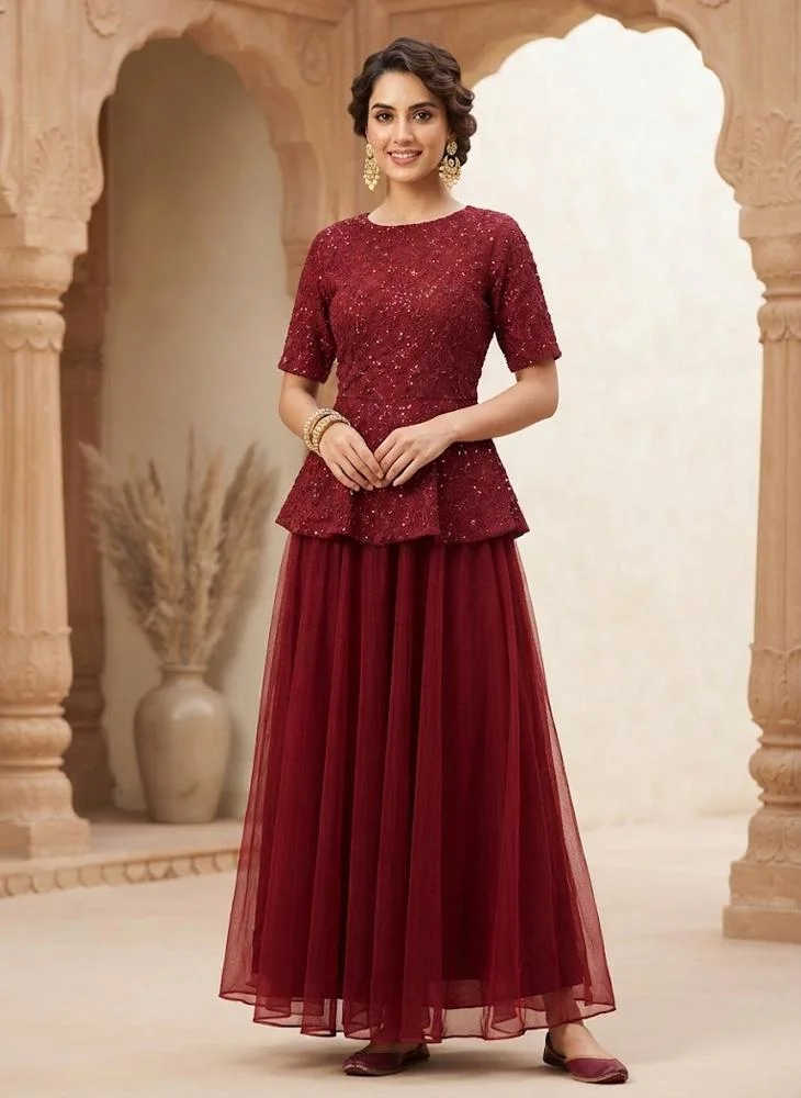 Viny VINY Maroon 2-Piece Sequin Embroidered Lehenga Set – Women's Indian Ethnic Wear