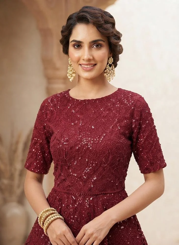 Viny VINY Maroon 2-Piece Sequin Embroidered Lehenga Set – Women's Indian Ethnic Wear