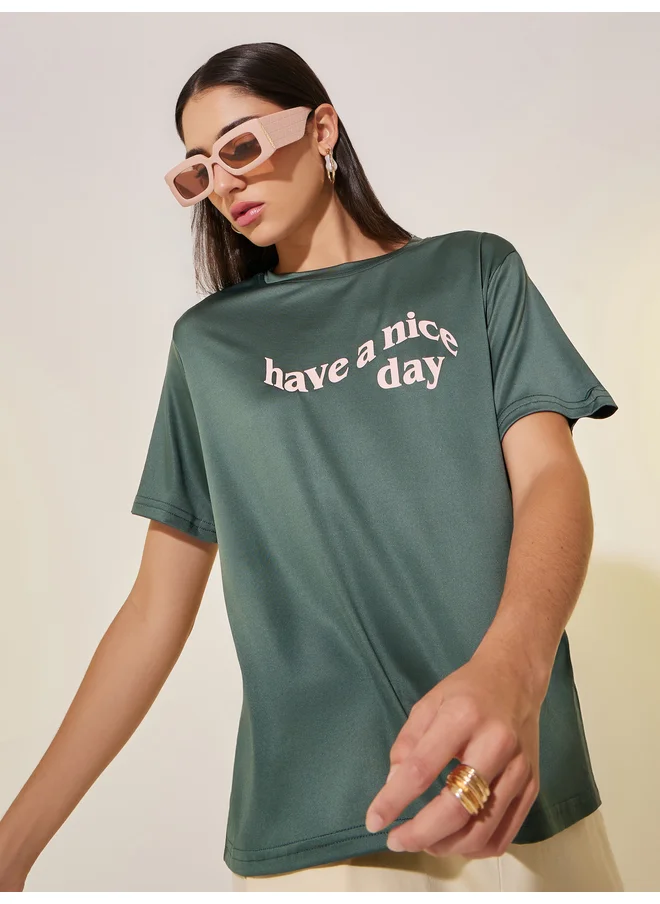 تايك تو Take Two Regular Fit Round Neck Slogan T-shirt