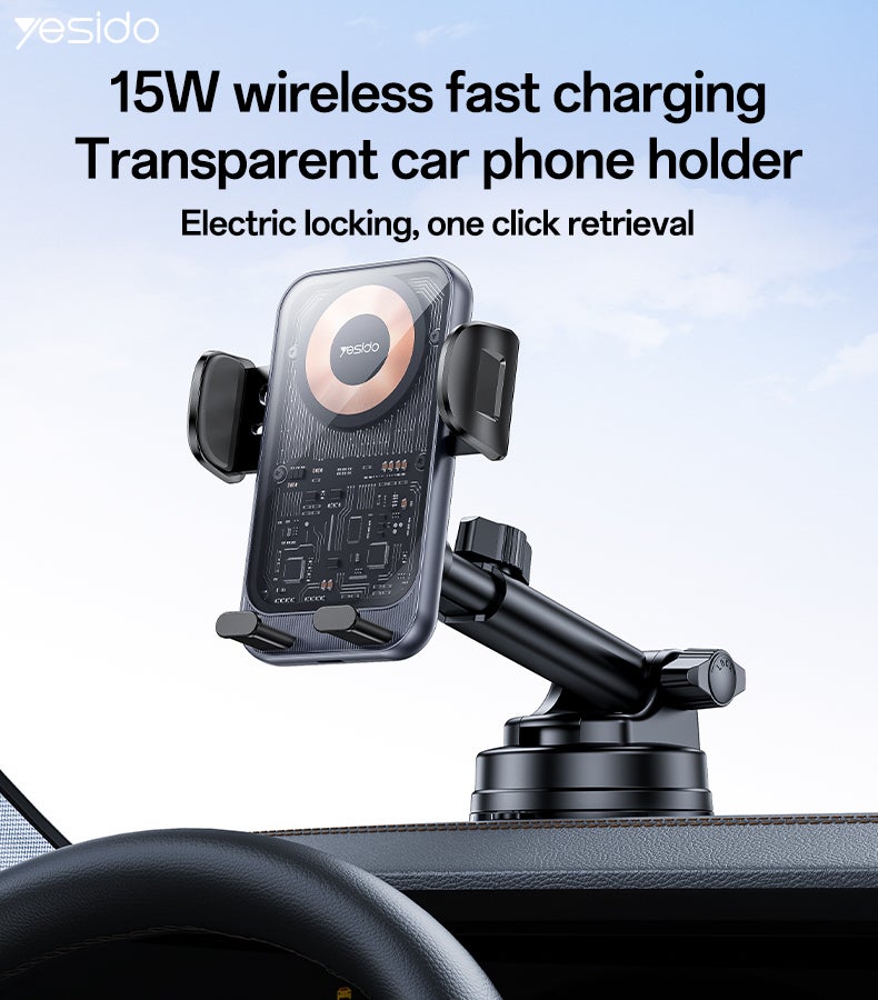 Yesido C307 Wireless Car Phone Holder with Electric Lock & 15W Fast Charging  360° Rotation - Image 2