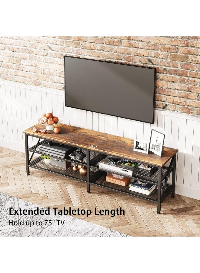 SKY-TOUCH منضدة تلفزيون سكاي تتش: طاولة تلفزيون عصرية مركز ترفيه تلفزيوني واسع مع أرفف تخزين طاولة تلفزيون خشبية متينة بإطار معدني لغرفة المعيشة - Image 4