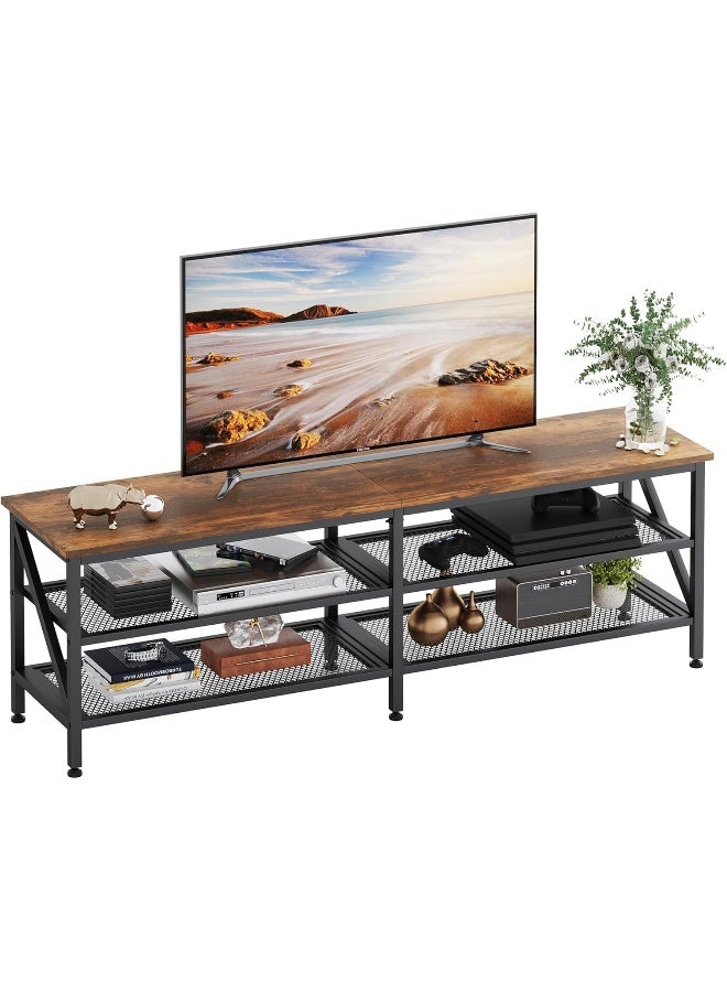 SKY-TOUCH منضدة تلفزيون سكاي تتش: طاولة تلفزيون عصرية مركز ترفيه تلفزيوني واسع مع أرفف تخزين طاولة تلفزيون خشبية متينة بإطار معدني لغرفة المعيشة - Image 1