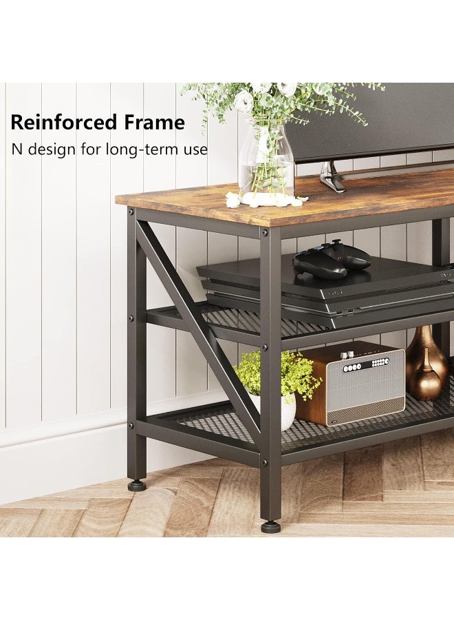 SKY-TOUCH منضدة تلفزيون سكاي تتش: طاولة تلفزيون عصرية مركز ترفيه تلفزيوني واسع مع أرفف تخزين طاولة تلفزيون خشبية متينة بإطار معدني لغرفة المعيشة - Image 5