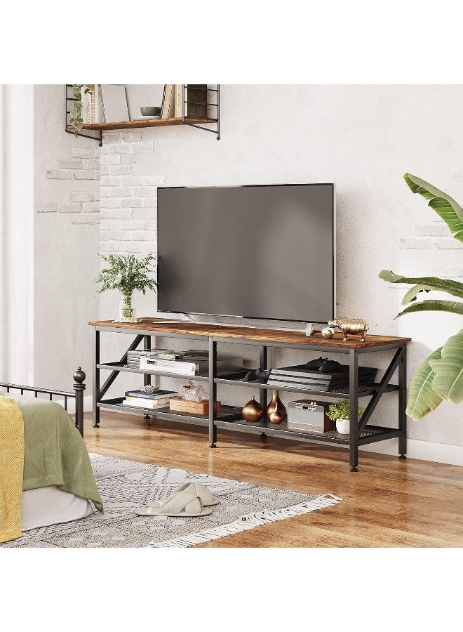 SKY-TOUCH منضدة تلفزيون سكاي تتش: طاولة تلفزيون عصرية مركز ترفيه تلفزيوني واسع مع أرفف تخزين طاولة تلفزيون خشبية متينة بإطار معدني لغرفة المعيشة - Image 3