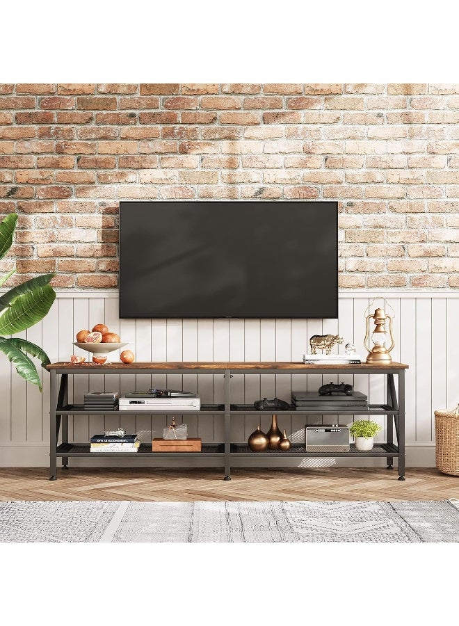 SKY-TOUCH منضدة تلفزيون سكاي تتش: طاولة تلفزيون عصرية مركز ترفيه تلفزيوني واسع مع أرفف تخزين طاولة تلفزيون خشبية متينة بإطار معدني لغرفة المعيشة - Image 2
