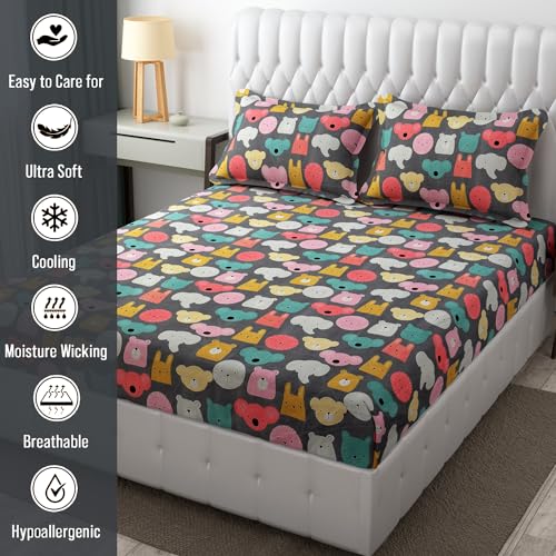 FRESH FROM LOOM Glace Cotton Wrinkle Free Soft Hypoallergenic Bed Sheet | Cartoon Printed Double Bedsheets King Size For Kids With 2 Pillow Cover (90X95 Inches/Black/Cartoon), 144 tc - Image 4